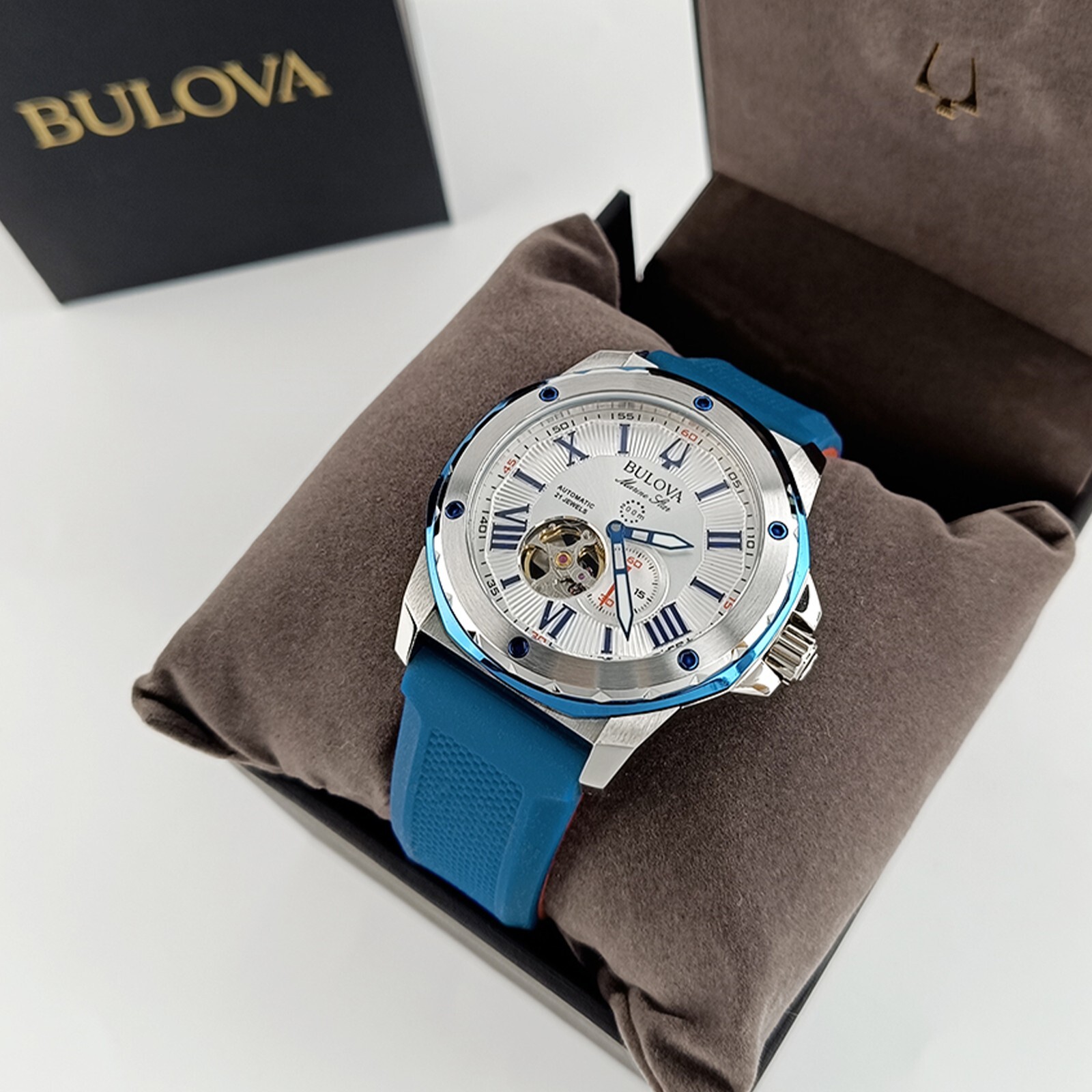 Bulova Marine Star White Dial Blue Rubber Strap 98A225 Automatic Men Watch 45mm