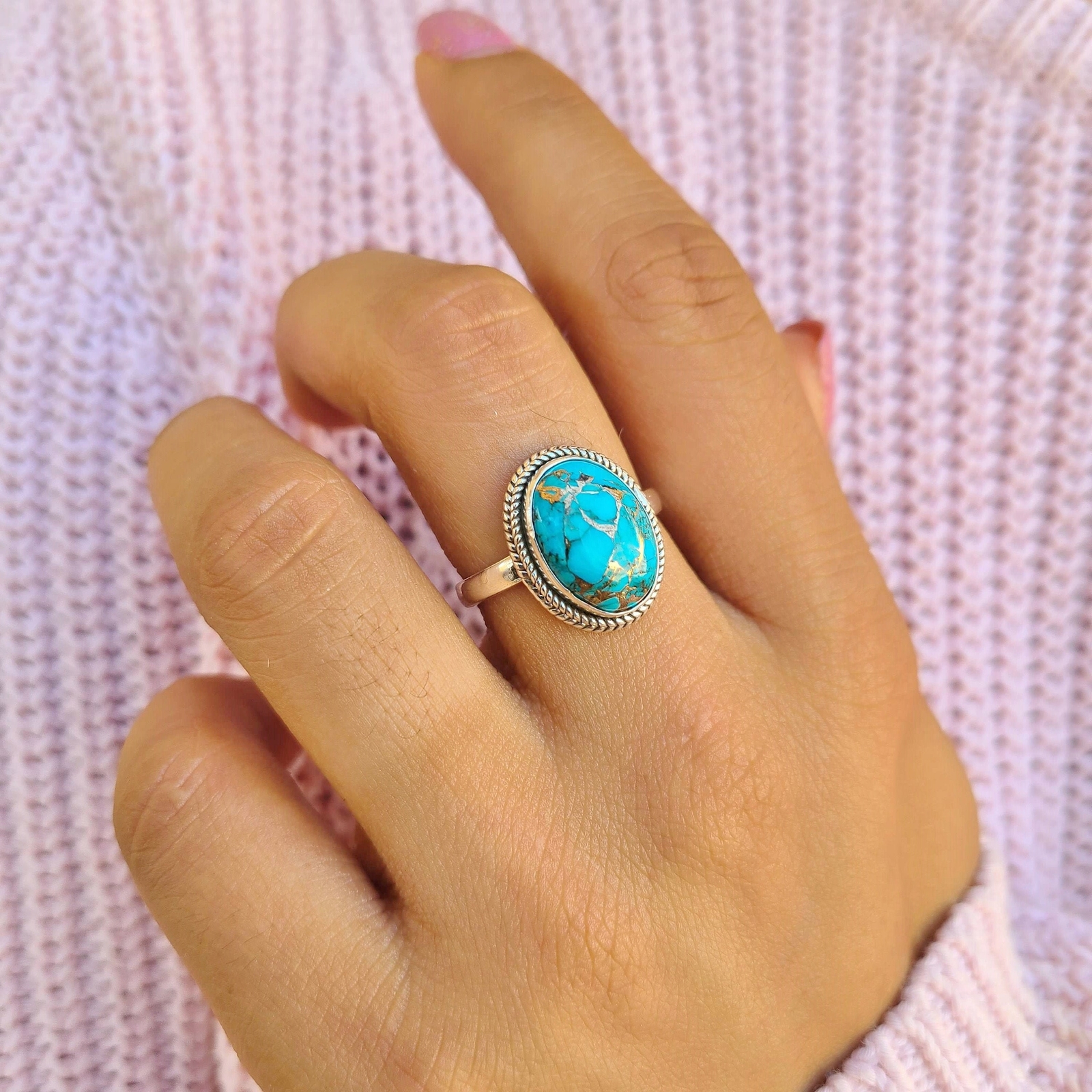 Genuine Copper Turquoise Ring 925 Sterling Silver Ring Hand Made Ships From USA