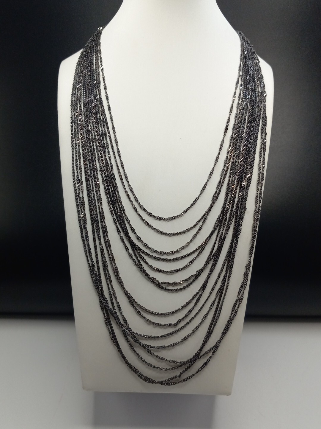 WHBM Clear Stones Black Tone 15 Strand Chain Layered Necklace