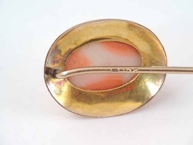 ANTIQUE VICTORIAN 1OK GOLD CARVED CORAL FEMALE STICK PIN
