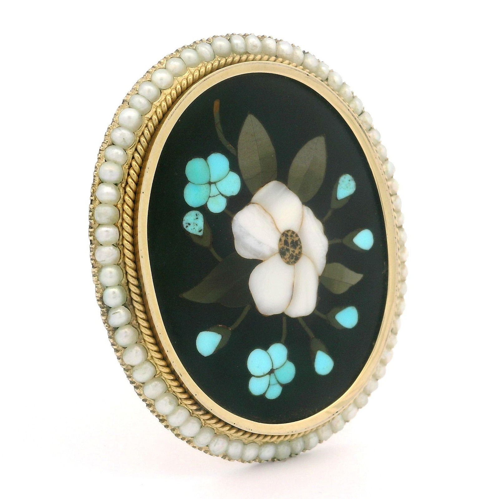 Vintage Solid Yellow Gold Pietra Dura Inlaid Floral Work Pearl Halo Pin Brooch