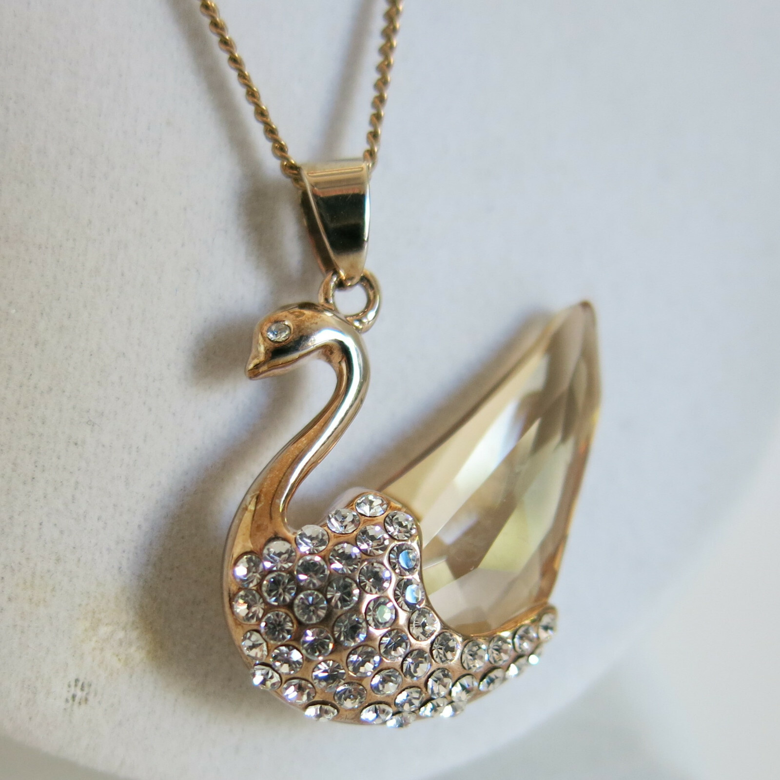 Swarovski Crystal Swan Pendant in Gold Tone Metal & Gold Filled 19 Chain [6611]