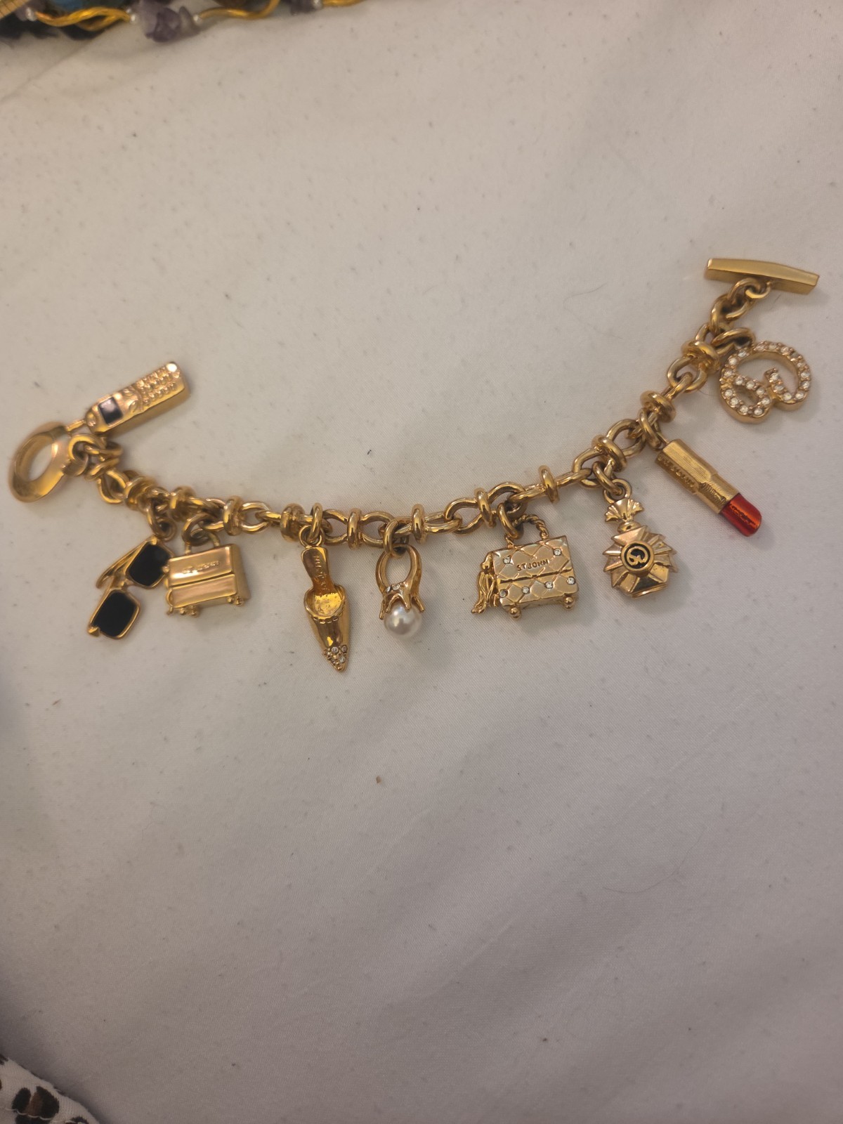 Vintage St John Charm Bracelet Crystal gold Logo Crystal Couture 9 Charm