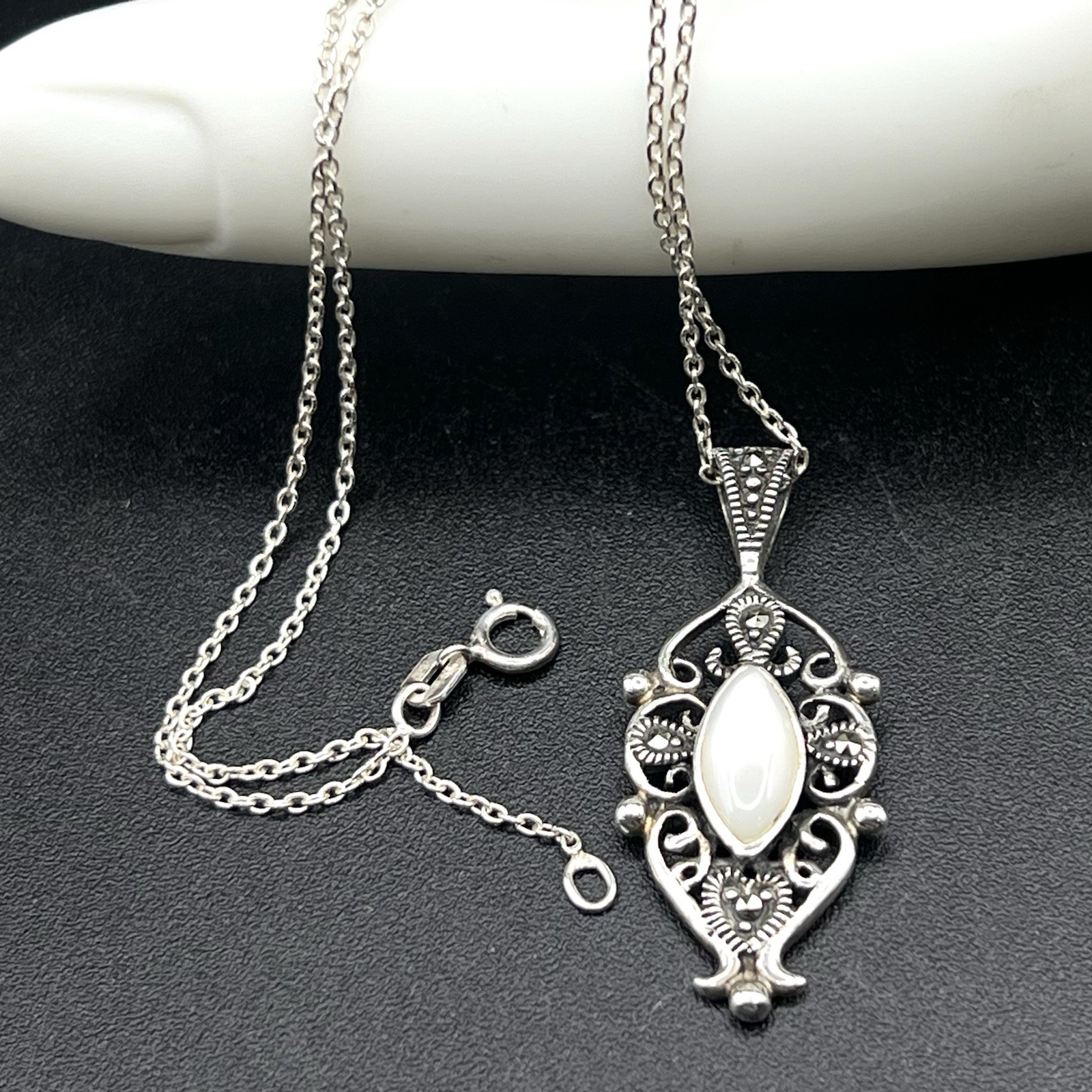 Mother of Pearl & Marcasite Filigree Pendant Necklace 925 Sterling Silver Chain