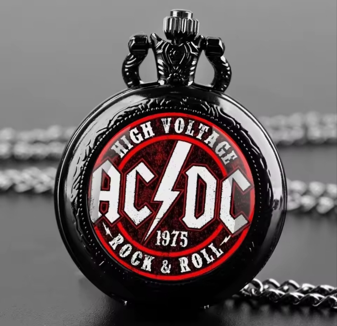AC/DC Rock Band Pocket Watch – Black Stainless Steel Quartz Necklace with Chain