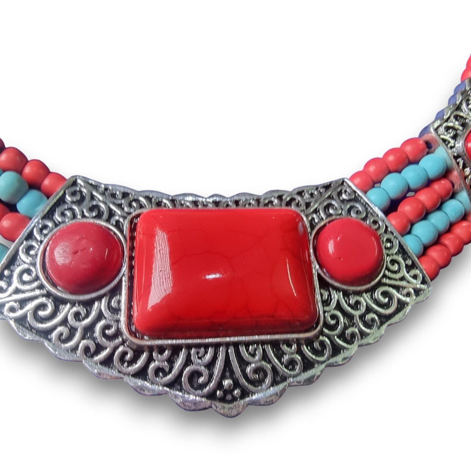 Boho Multi Strand Beaded Statement Necklace Silver Tone Red Faux Turquoise