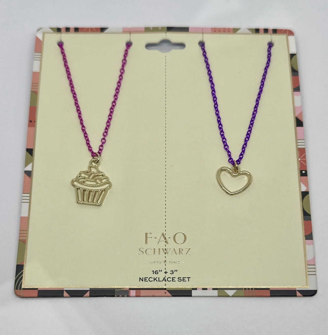 FAO Schwarz Gold Tone Cupcake and Heart Colorful Chain 16″ Necklace Set