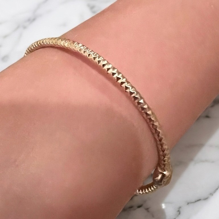 Small Size Full Diamond Cut Oval Hinged Bangle Bracelet Real 14K Yellow Gold