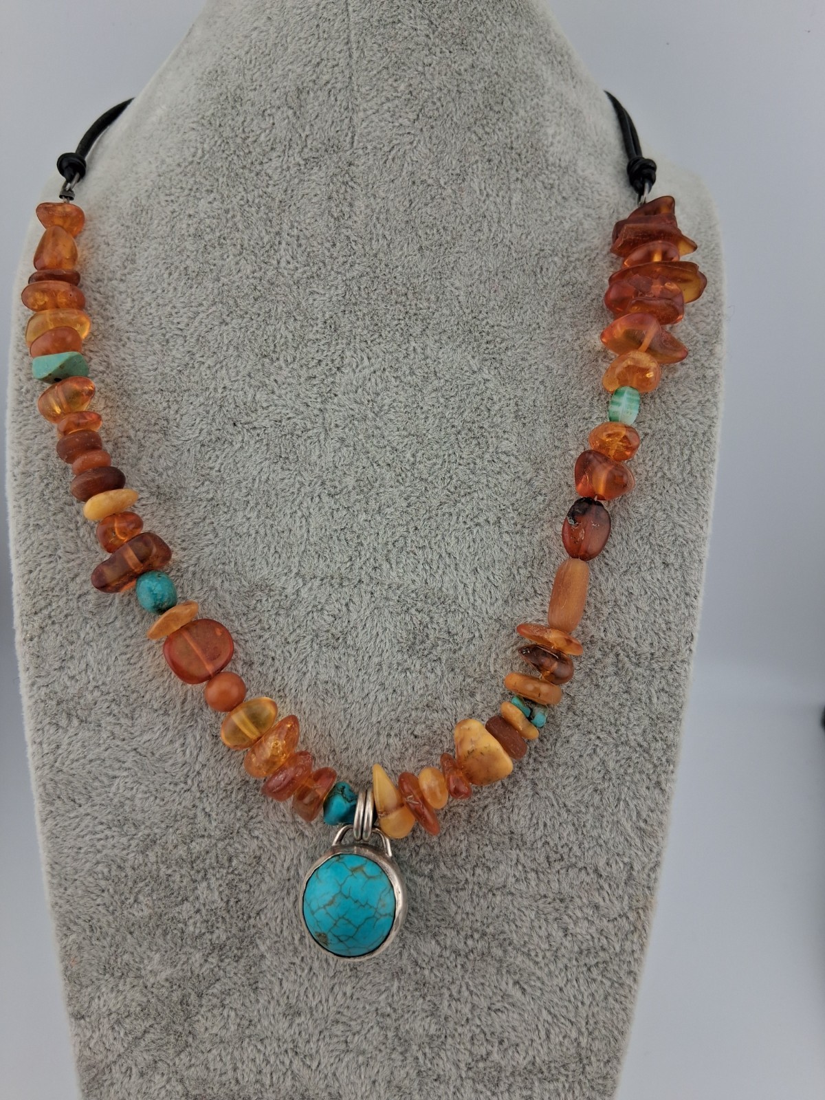 Signed Peyote Bird Sterling Silver Amber Turquoise Bead Necklace 17.5″-19″