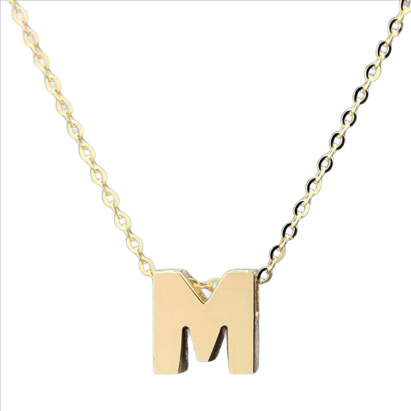 14K Yellow Gold initial ‘M’ pendant on a 16″ chain with a 2″ extender.