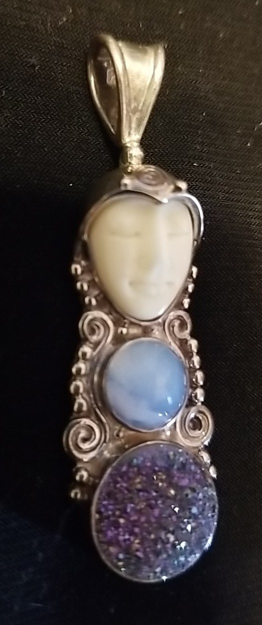 Sajen Silver Sleeping Goddess Pendant, Drusy, Gemstone, Bone, Sterling, 2 Inch