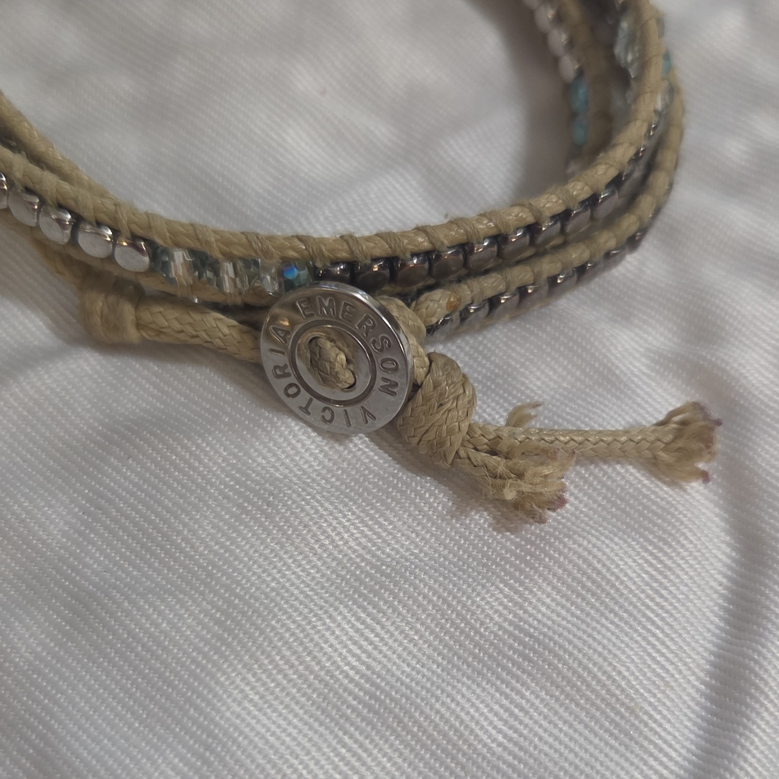 Victoria Emerson Beige Cord Wrap Bracelets Turquoise/Gold Button