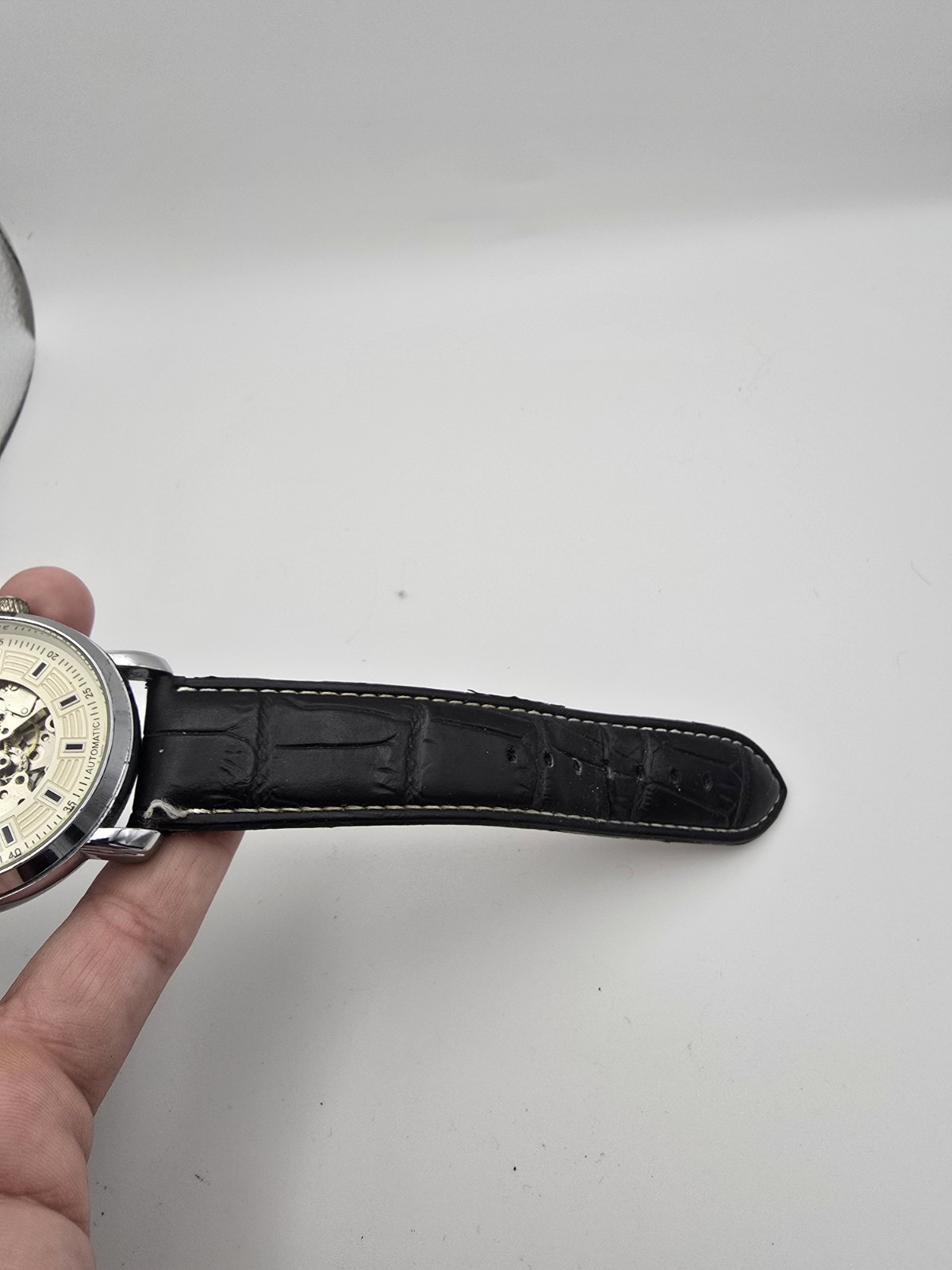 Automatic Skeleton Dial Watch Silver Tone SS Case Black Leather Strap Exhb Cbk