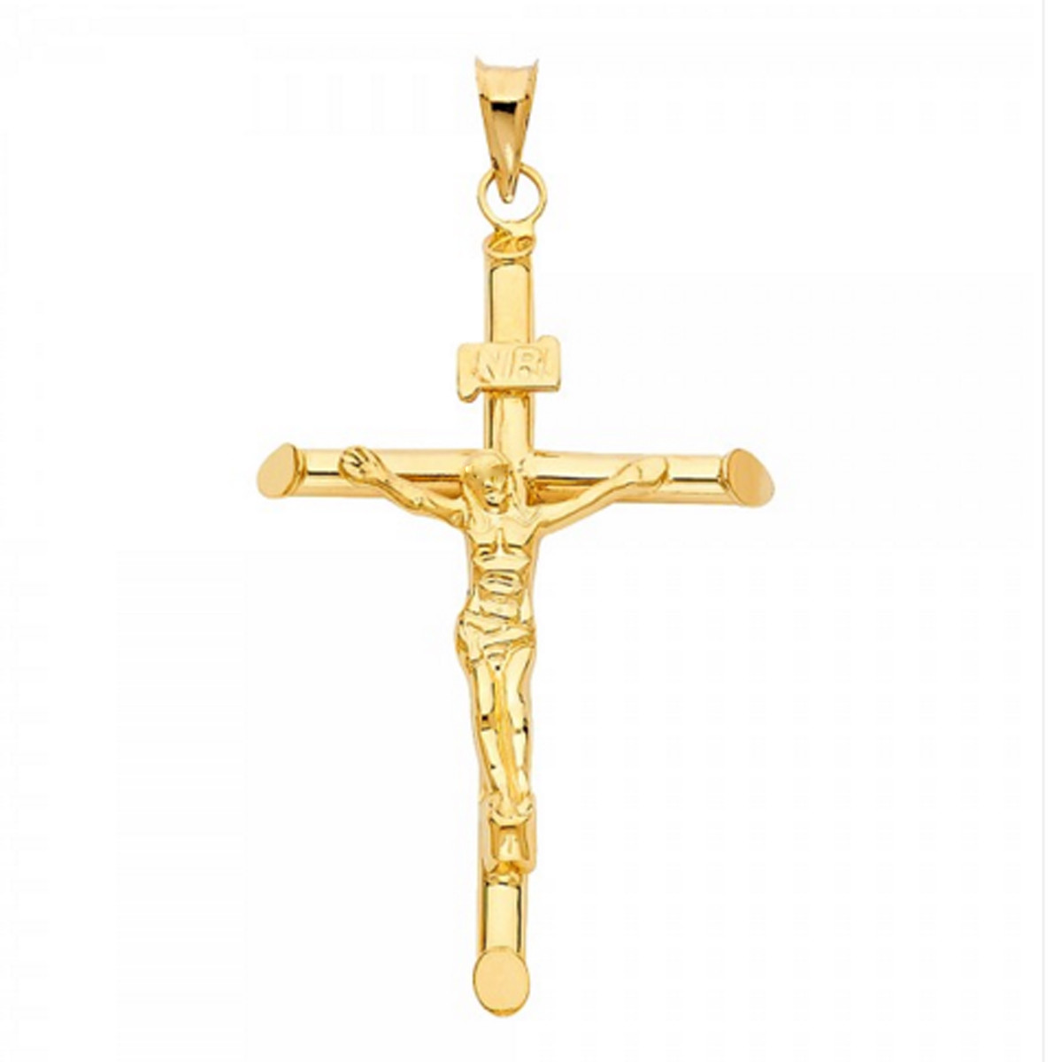 14K Yellow Gold Italian Jesus Crucifix Cross Tube Charm Pendant Cruz de Oro