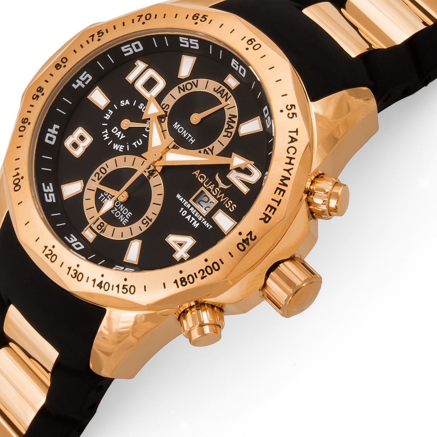 AQUASWISS Men’s Rose Gold Black Multi-Function Watch Rubber 100m