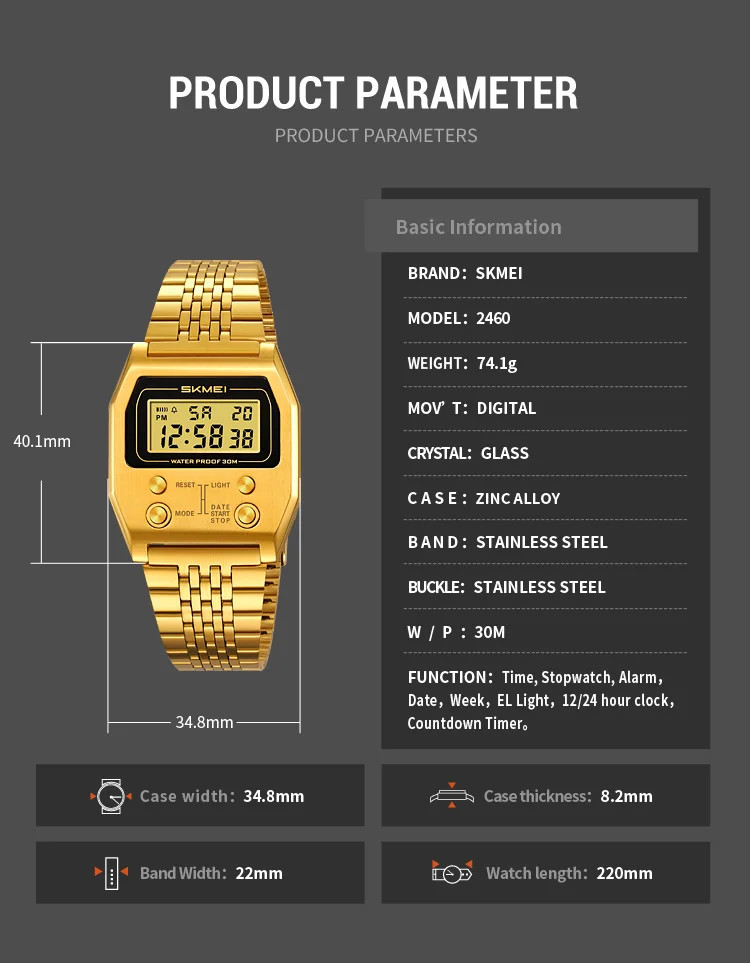 SKMEI 2460 Men’s Sports Waterproof Digital Watch Stainless Steel Luxury Retro LE