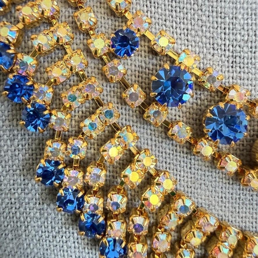 Vintage Blue White AB Rhinestone Bib Necklace 16″ Gold Tone Statement Cocktail