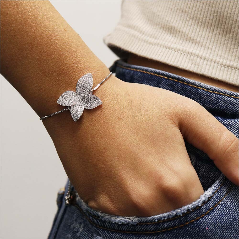 925 Sterling Silver Plated Women’s CZ Butterfly Adjustable Bolo Bracelet