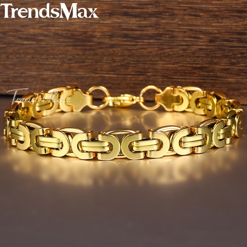Black/Silver/Gold Plated Stainless Steel Flat Byzantine Chain Bracelet Mens Link