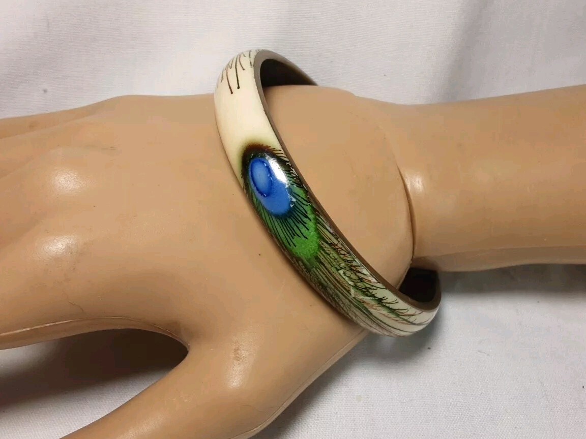 Bracelet Brass Hand Painted Enamel Peacock Feather Blue Green Bangle 3/8″ Wide