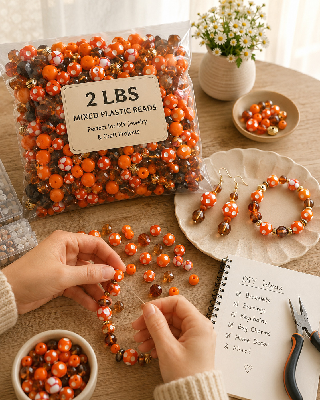 Halloween Orange Black Plastic Bead Mix 2 lb Bulk Lot 6-15mm Center Drill DIY