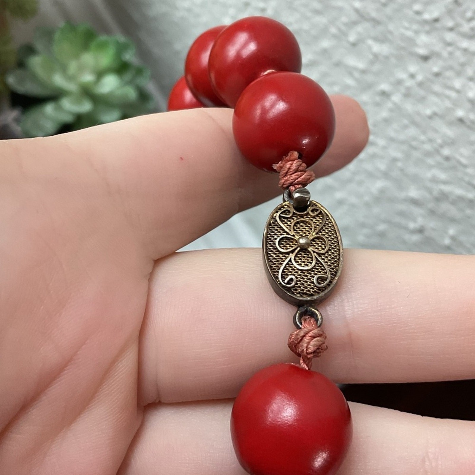 Vintage Rare Chinese Export Red Wooden Bead Silver Filigree Clasp Necklace