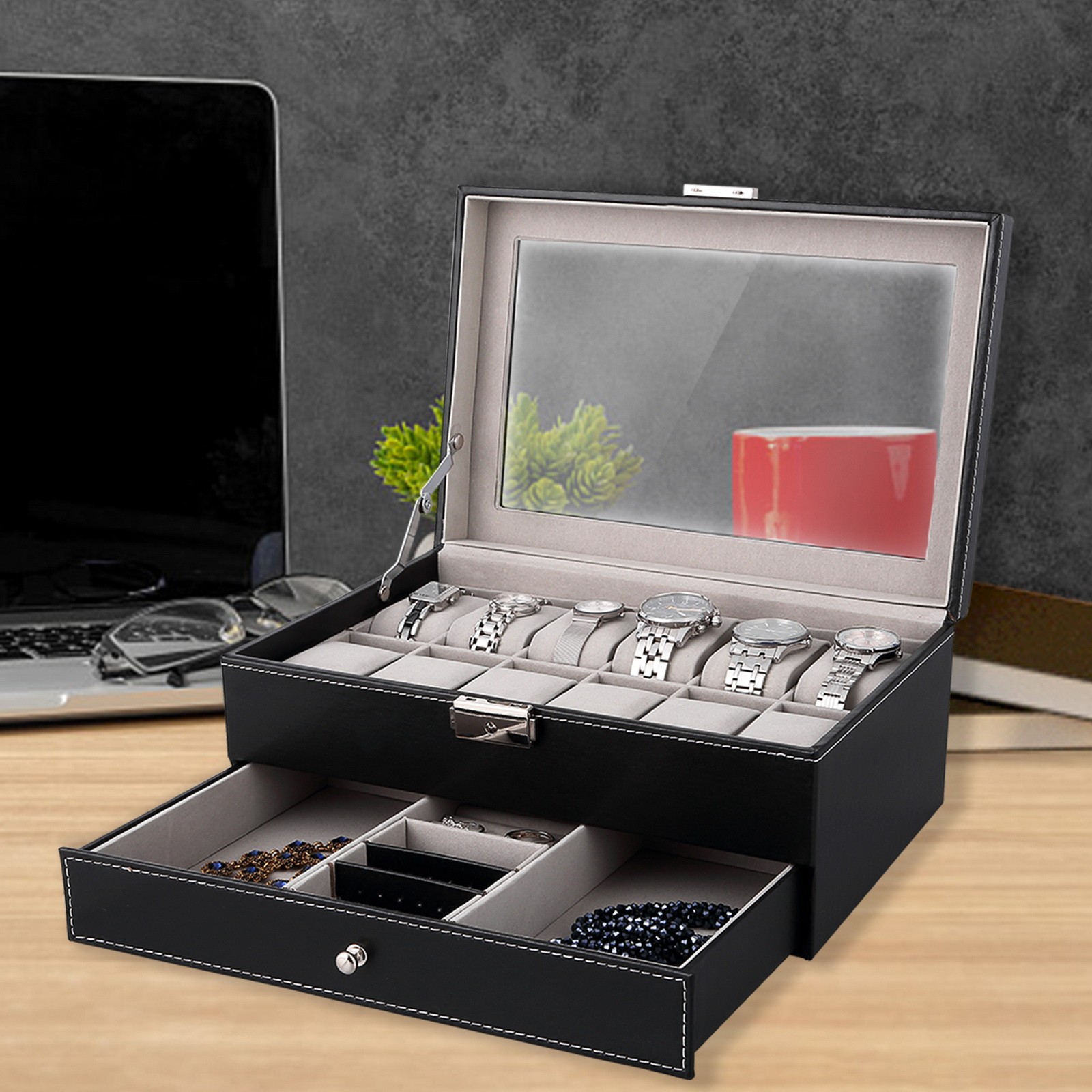 3/6/8/10/12/20/24 Slot PU Leather Watch Box Organizer Jewelry Display Storage