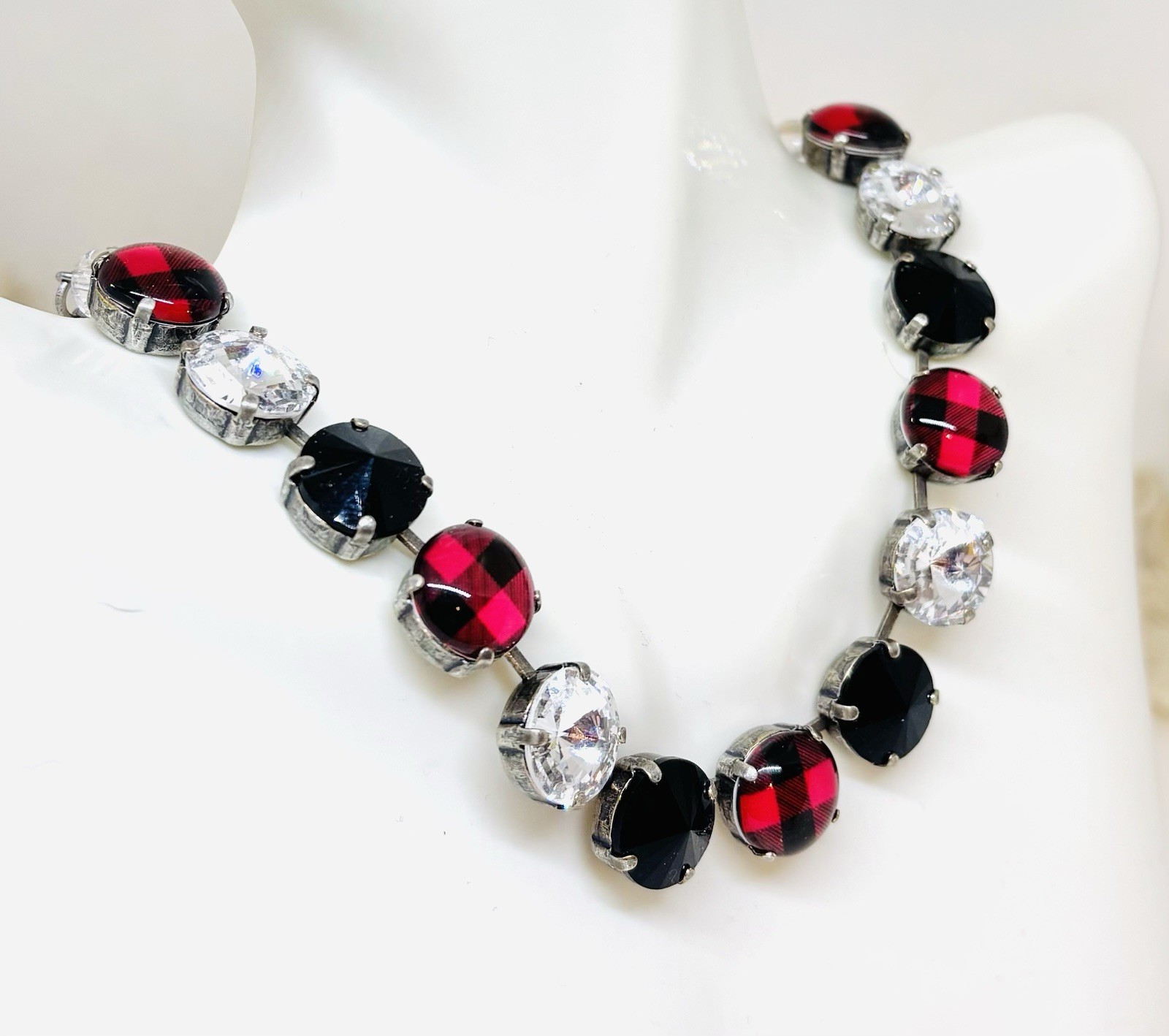 Red Plaid Cup Chain Statement Necklace made with Jet Black Austrian Crystals