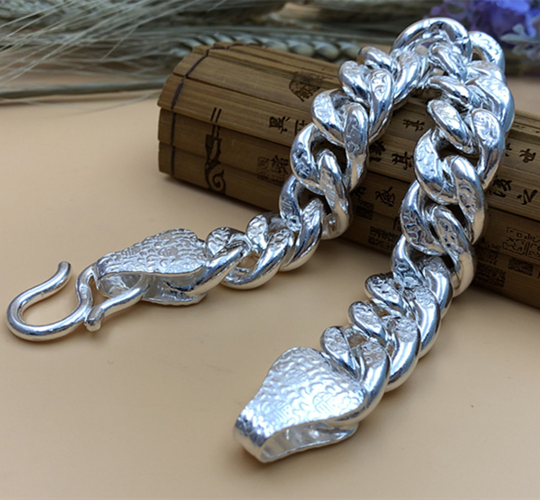 Fine Pure S999 Fine Silver Bracelet Women Men Engrave Curb Link 8mm-16mm