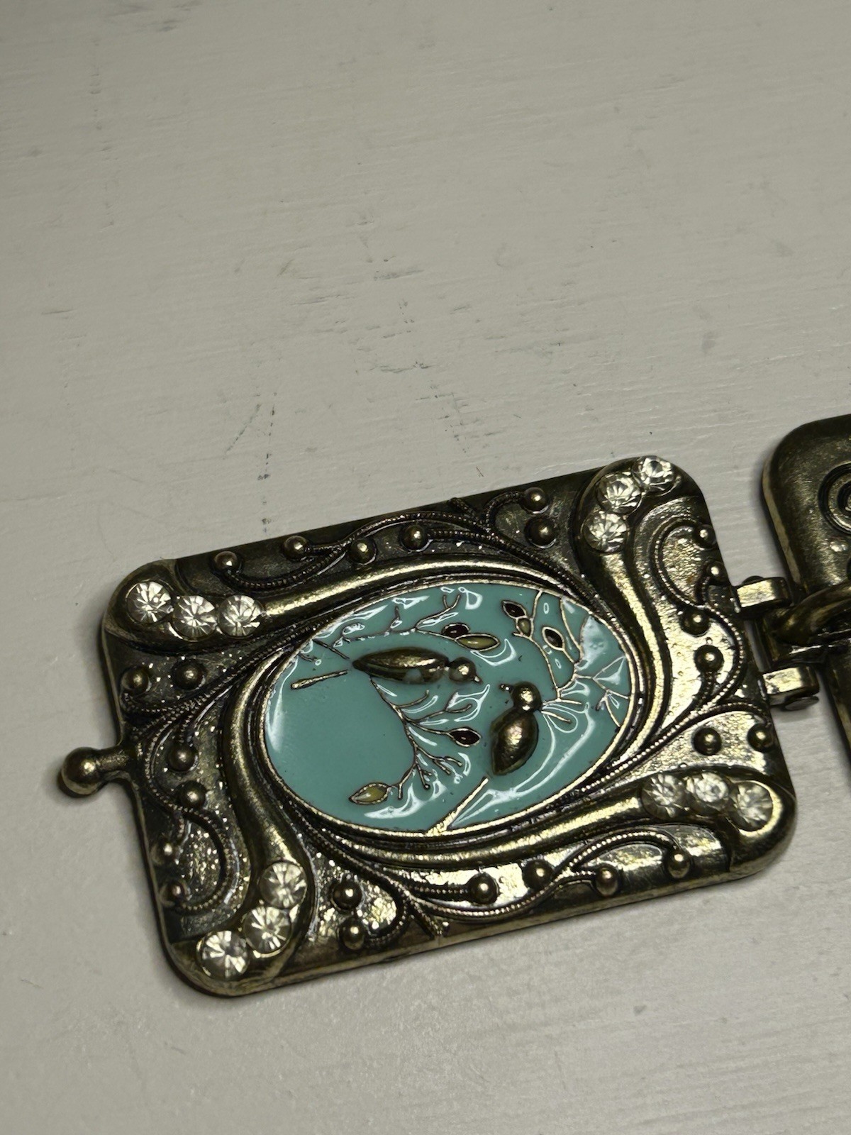 Vintage Art Nouveau Rectangular Magnetic Locket Pendant Birds Floral Turquoise