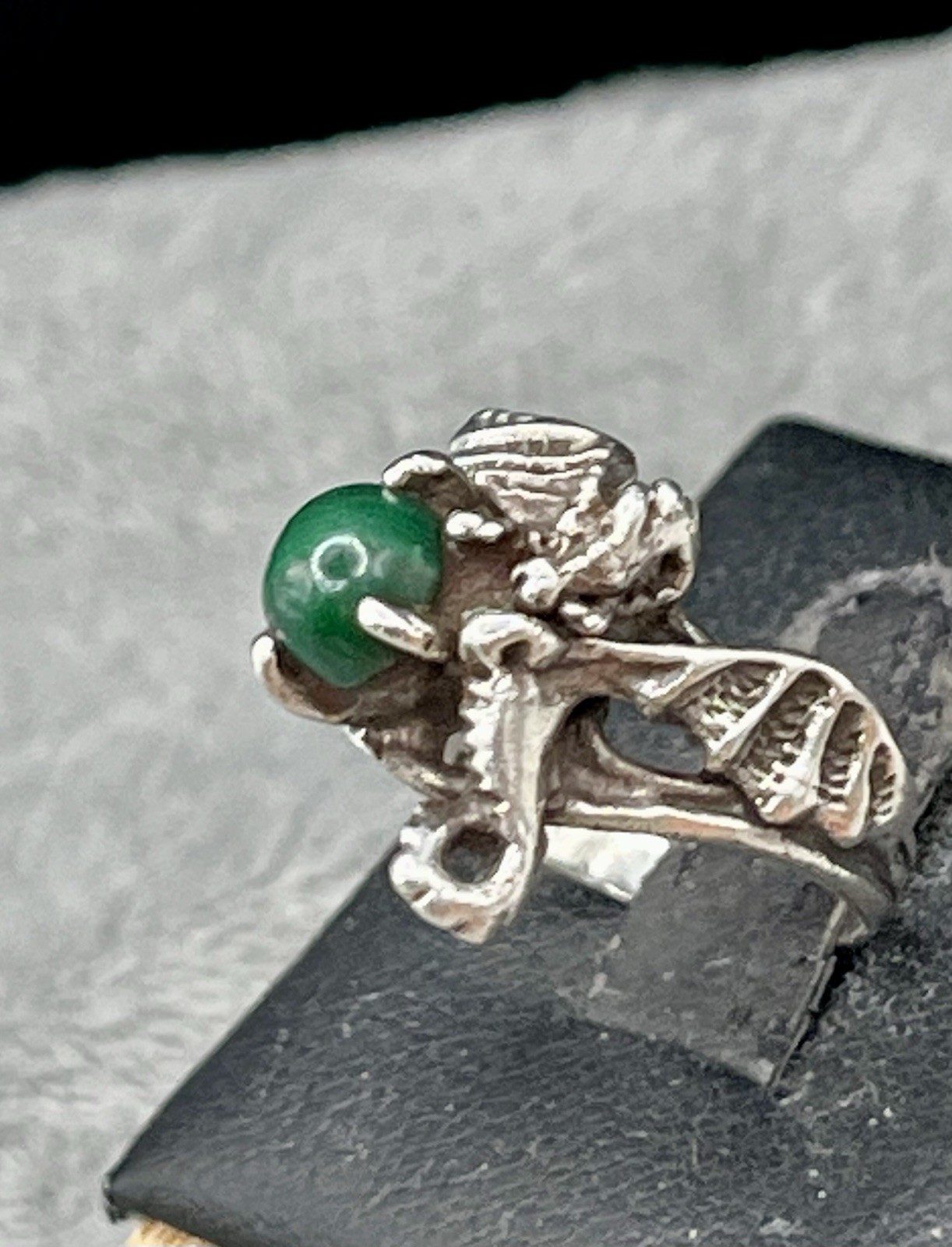 Sterling Silver 3-D Dragon Malachite In Talons Ring Fantasy Gothic Size 5.5