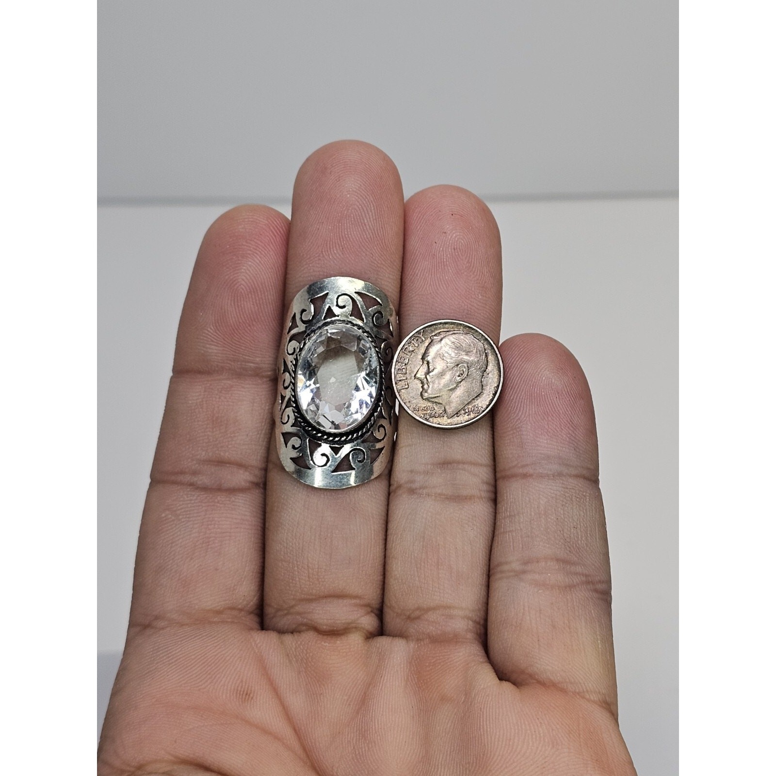 Extravagant Large Handmade Costume Ring With Oval Clear Stone Size 8.25