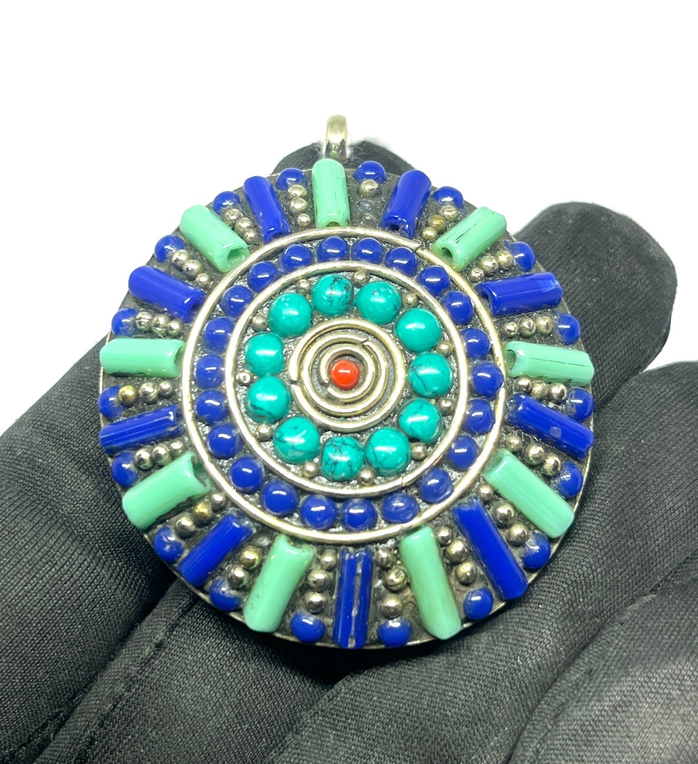 Antique Lapis Turquoise Gemstone Tibetan Statement Pendant Jewelry, 2.0 inch