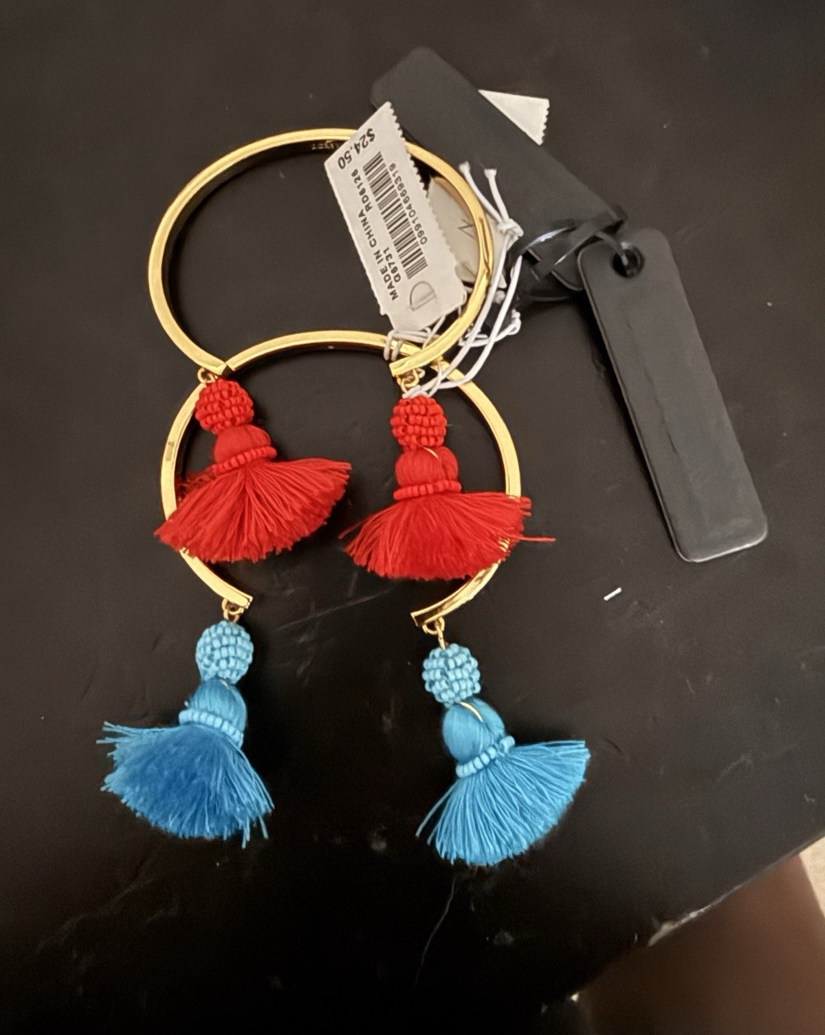 2 Gold Tone Bangle Bracelet w/ Red & Blue Tassel Charms, Gold Red Blue