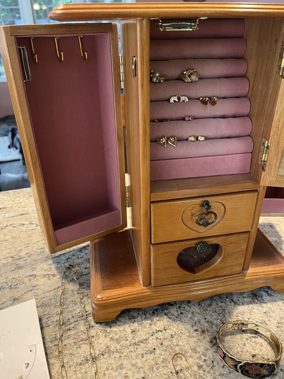 Vintage Wooden Table Top Armoire Style Jewelry Box & Gold Tone Jewelry Lot