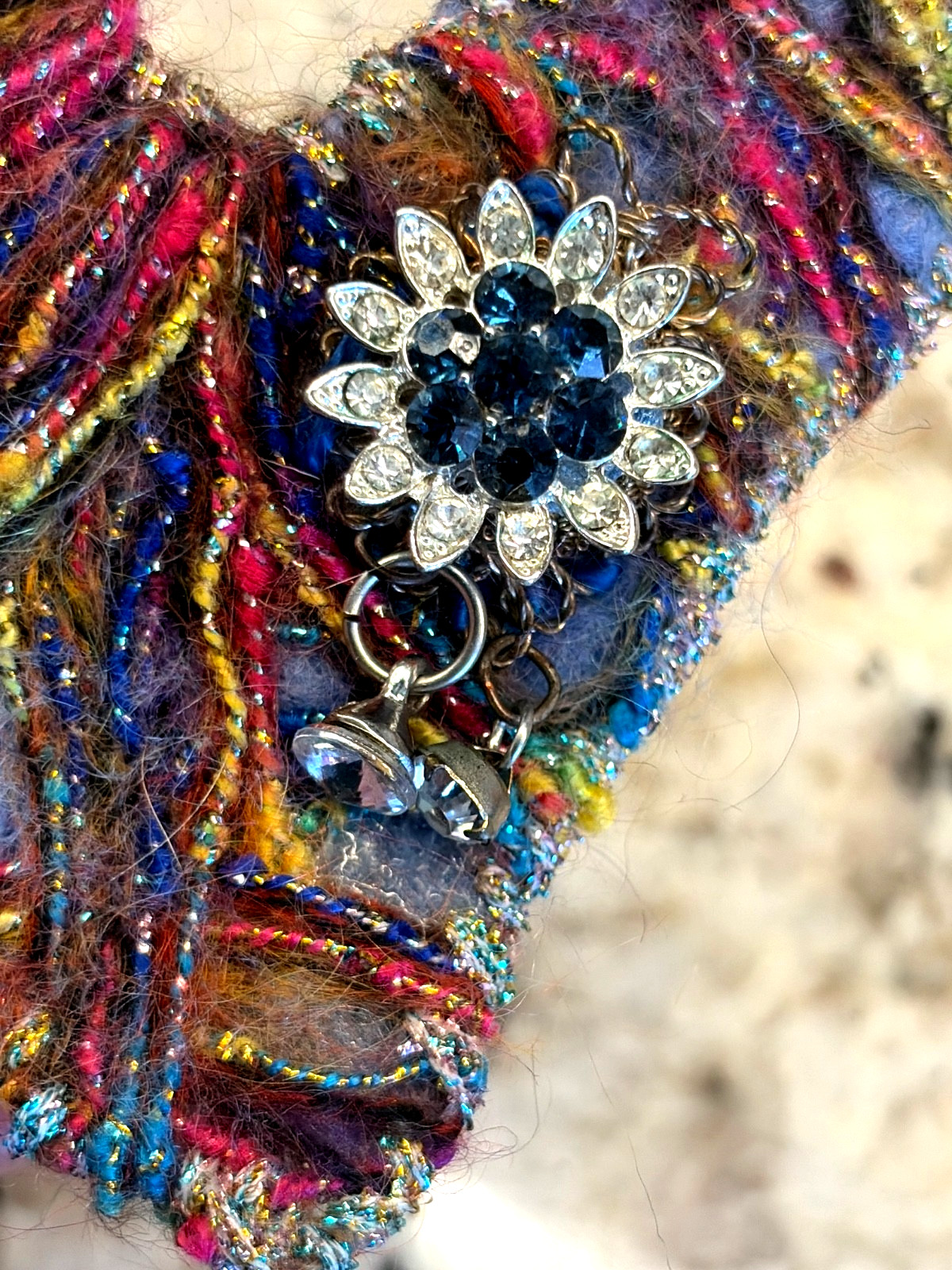 Vintage Handmade Fur Yarn HEART Pin Brooch Flower Rhinestone 3D Red Blue 3.75″