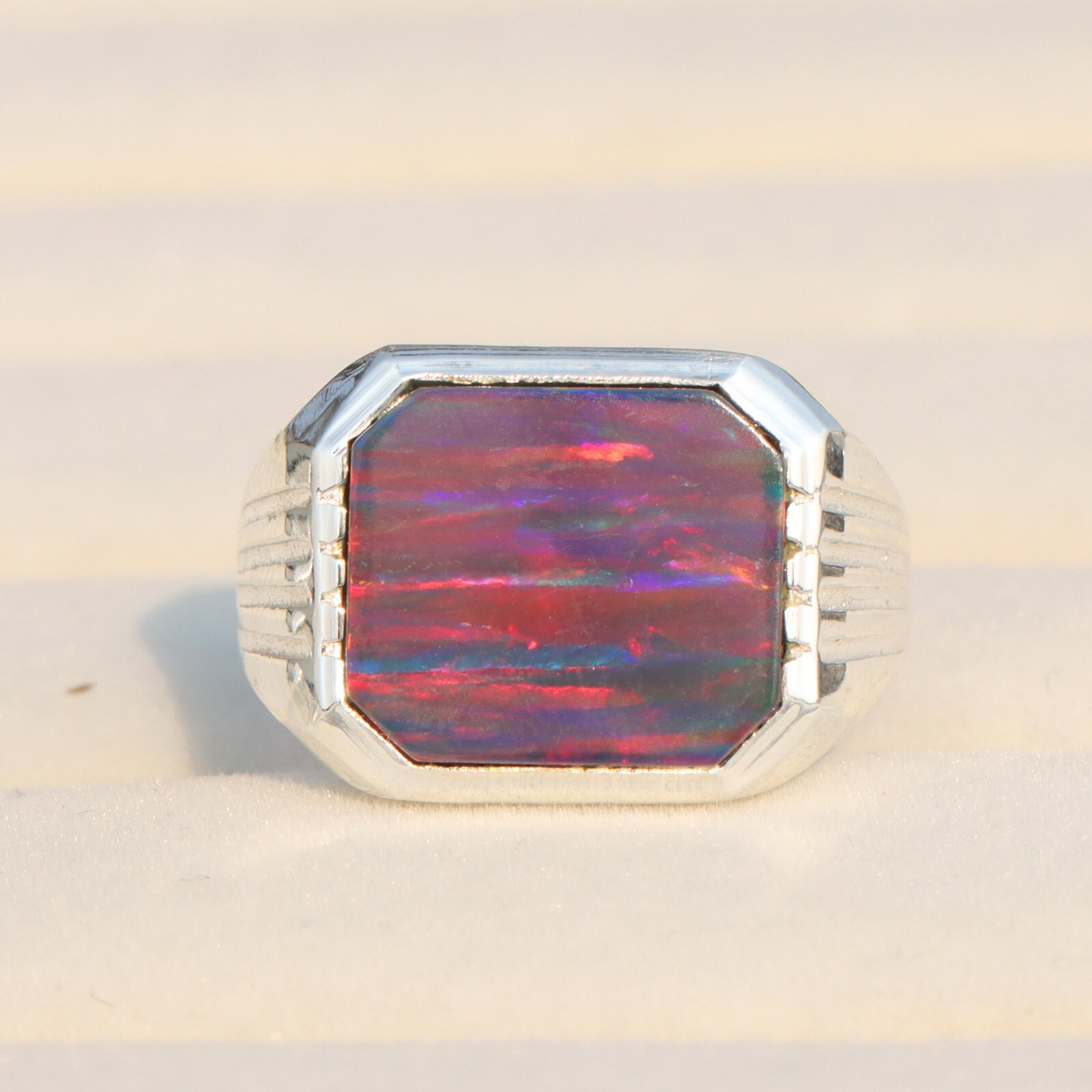 Flashy Black Fire Opal Ring, 925 Sterling Silver Signet Ring, Men’s Ring For Her