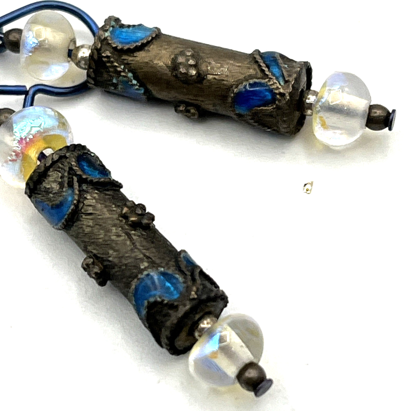 Vintage Chinese Export Blue Enamel Earrings 1.75″