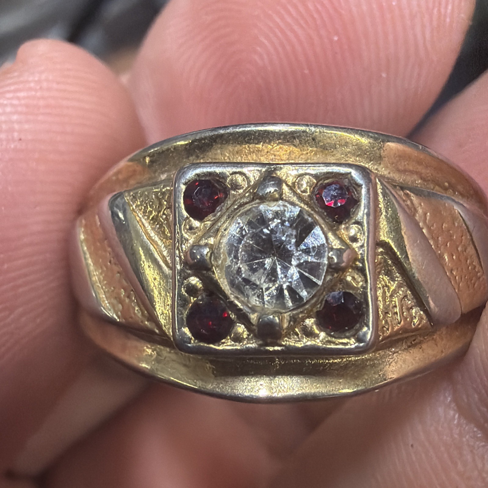 Vintage 14k GE Cubic Zirconia & Ruby Man’s Ring Size 12.75