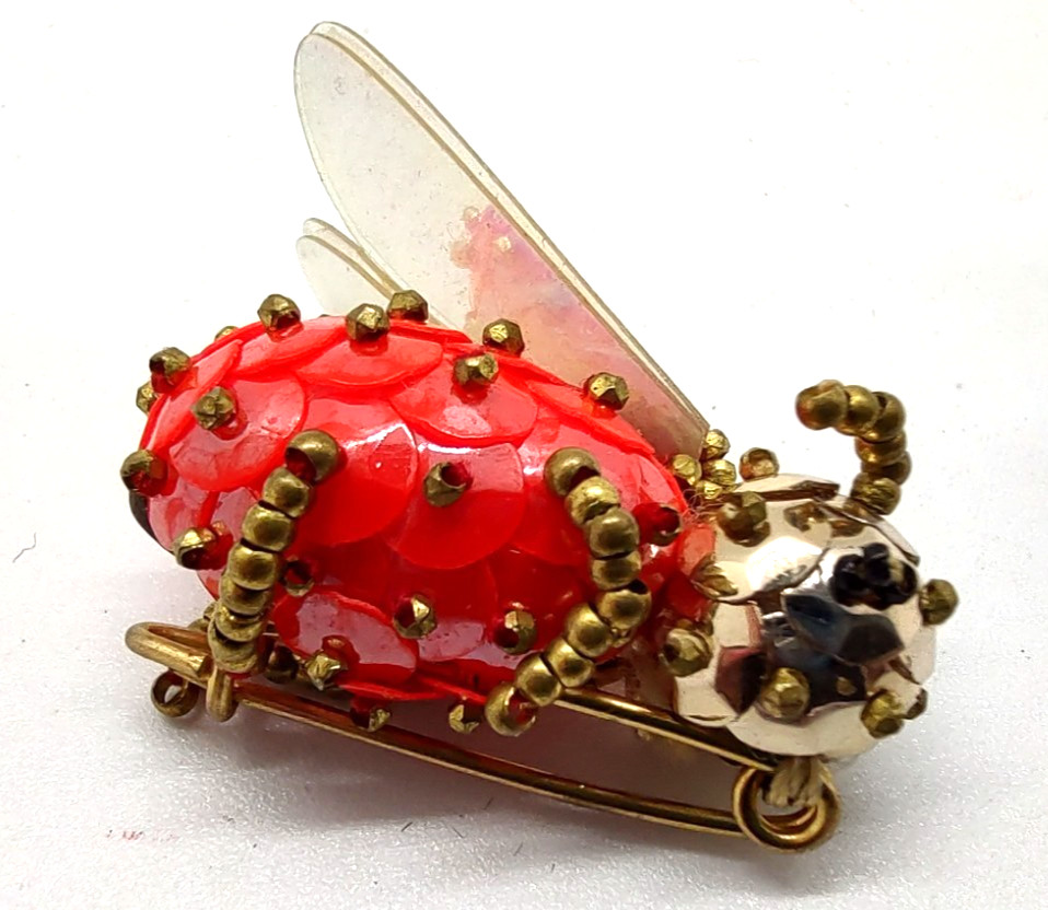 VINTAGE WEST GERMANY BEE INSECT PIN SEQUIN BUG BROOCH BEADED!