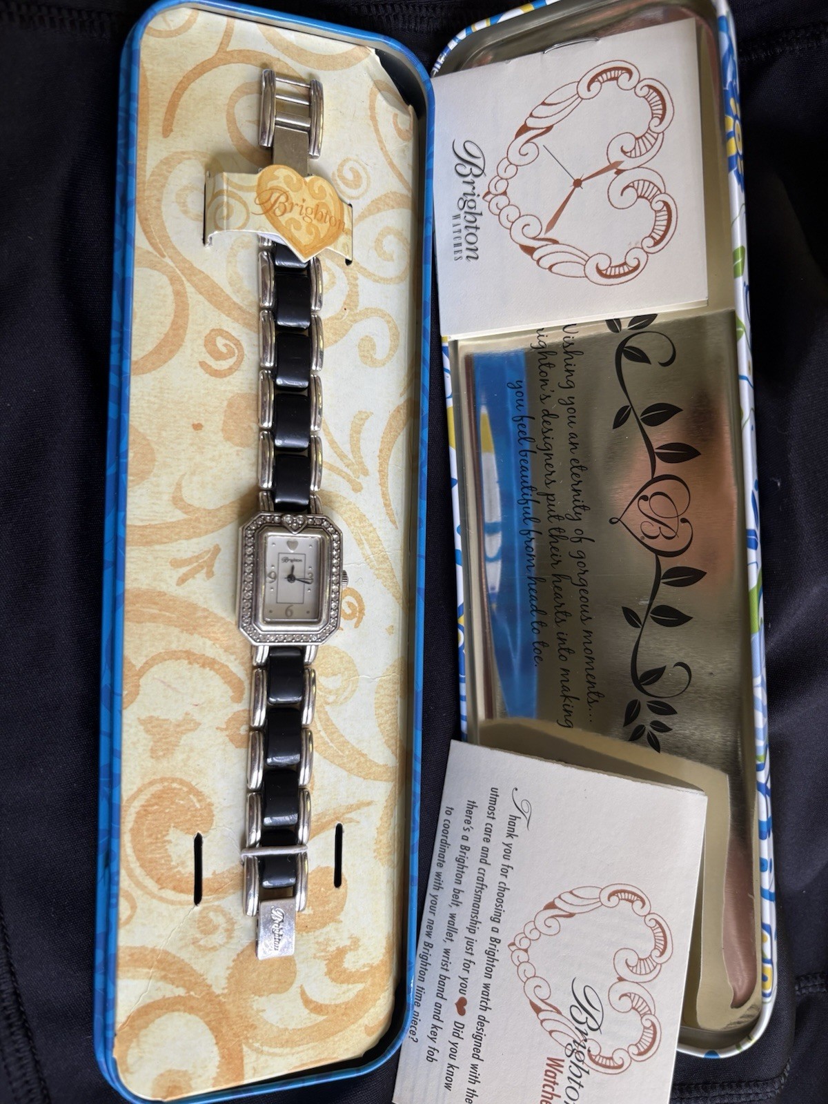Women’s Brighton Encino Watch Retired Piece Black Band Silver Clear Crystals
