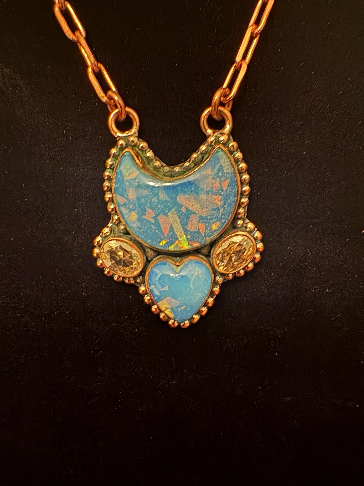 Copper Chain Necklace With Blue Crescent Moon Heart Doublet Opal & Cz Pendant