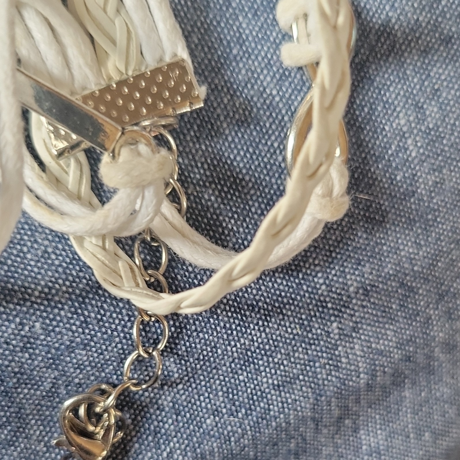 White Cord Bracelet Silver Tone Cross Dangle Charm Lobster Clasp Adjustable