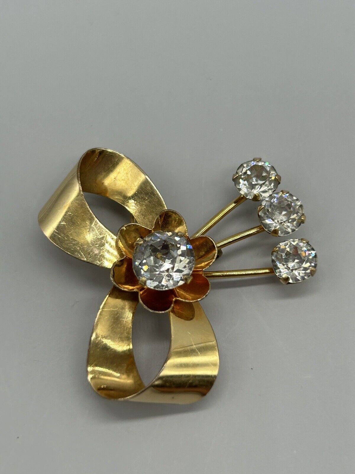 Vintage Signed BAL-RON 12K Gold Plated Crystal Floral Bow Brooch Pin