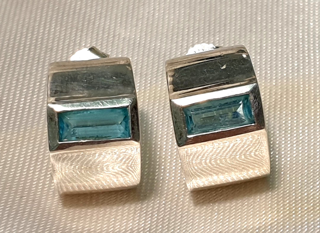 925 Sterling Silver Half Hoop Earrings with Blue Topaz Master Hallmark Crown Hallmark