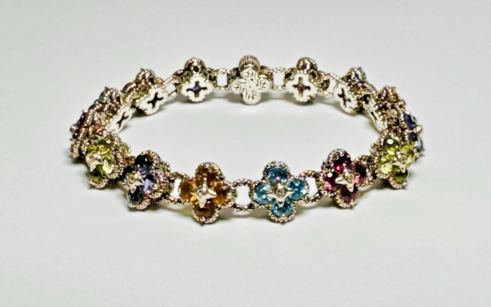 NEW Barbara Bixby Multi-Gemstone Silver Flower Bracelet 925 18K 7.25”