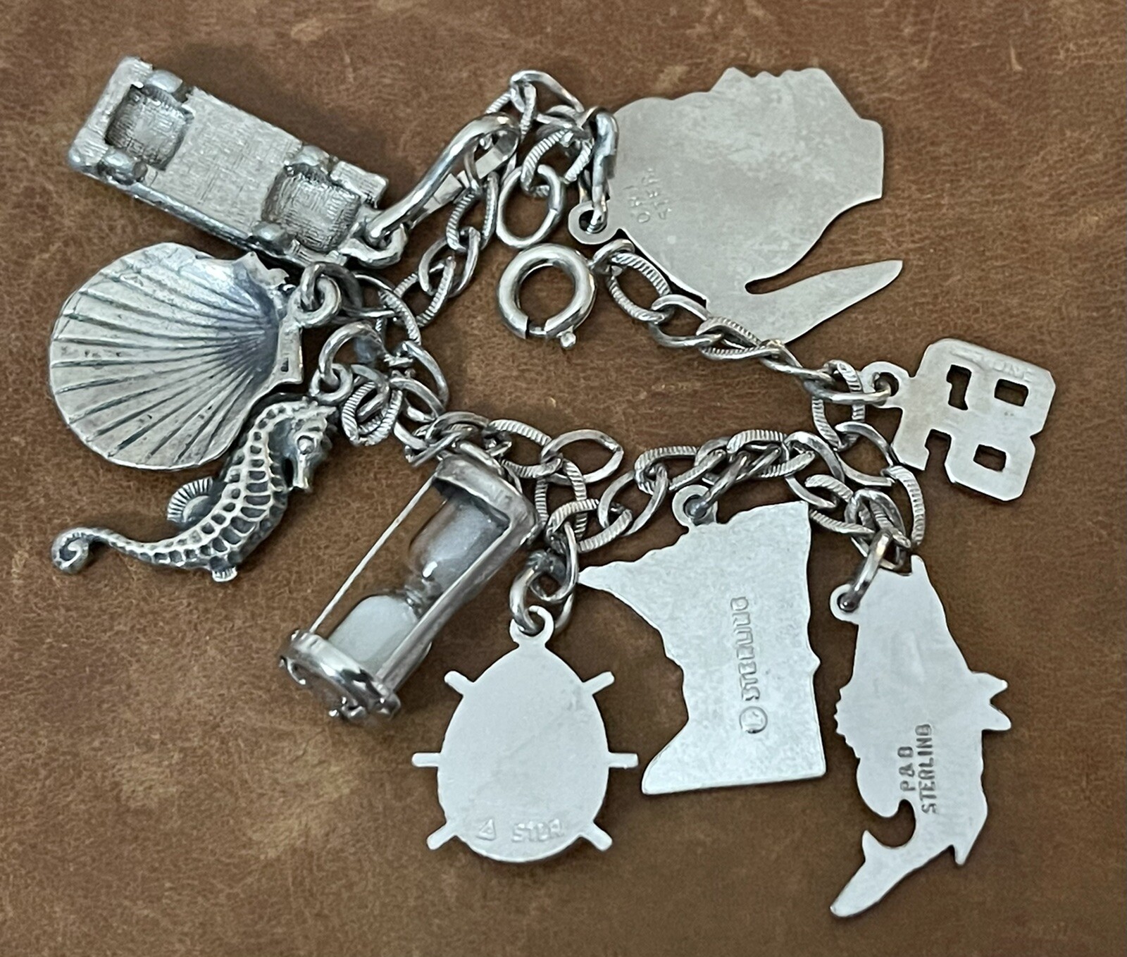 Vintage 9 Dangle Charms 925 Sterling Silver On Curb Link Chain Bracelet 7” In