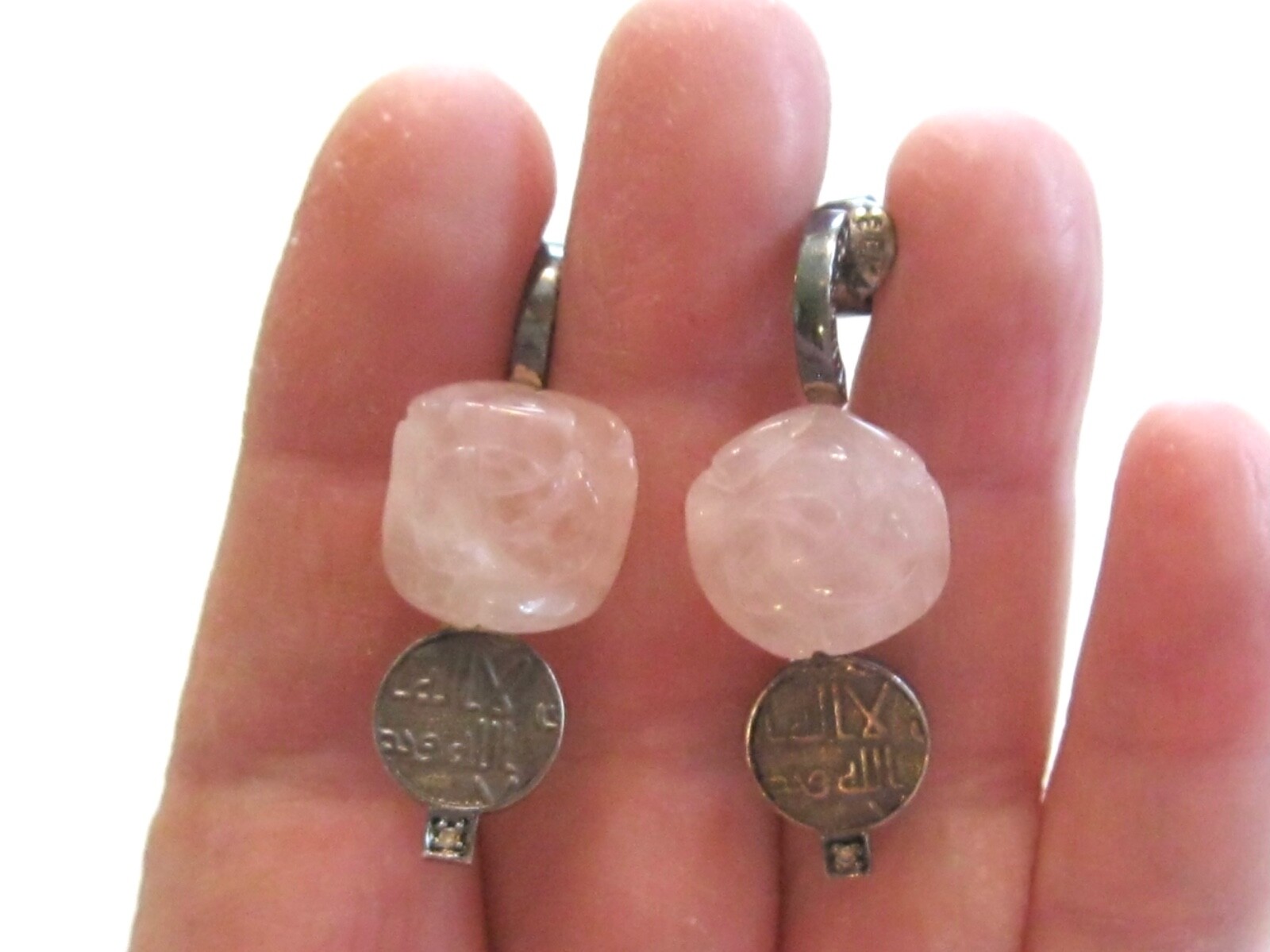 HANDMADE POST EARRINGS FLORAL CARVED ROSE QUARTZ COINS DIAMONDS MYSTERY NUMBER