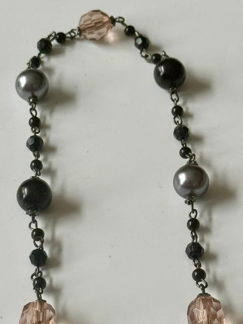 36” Black Gray Blush Pink Beaded Station Necklace No Clasp Opera Length Conditi