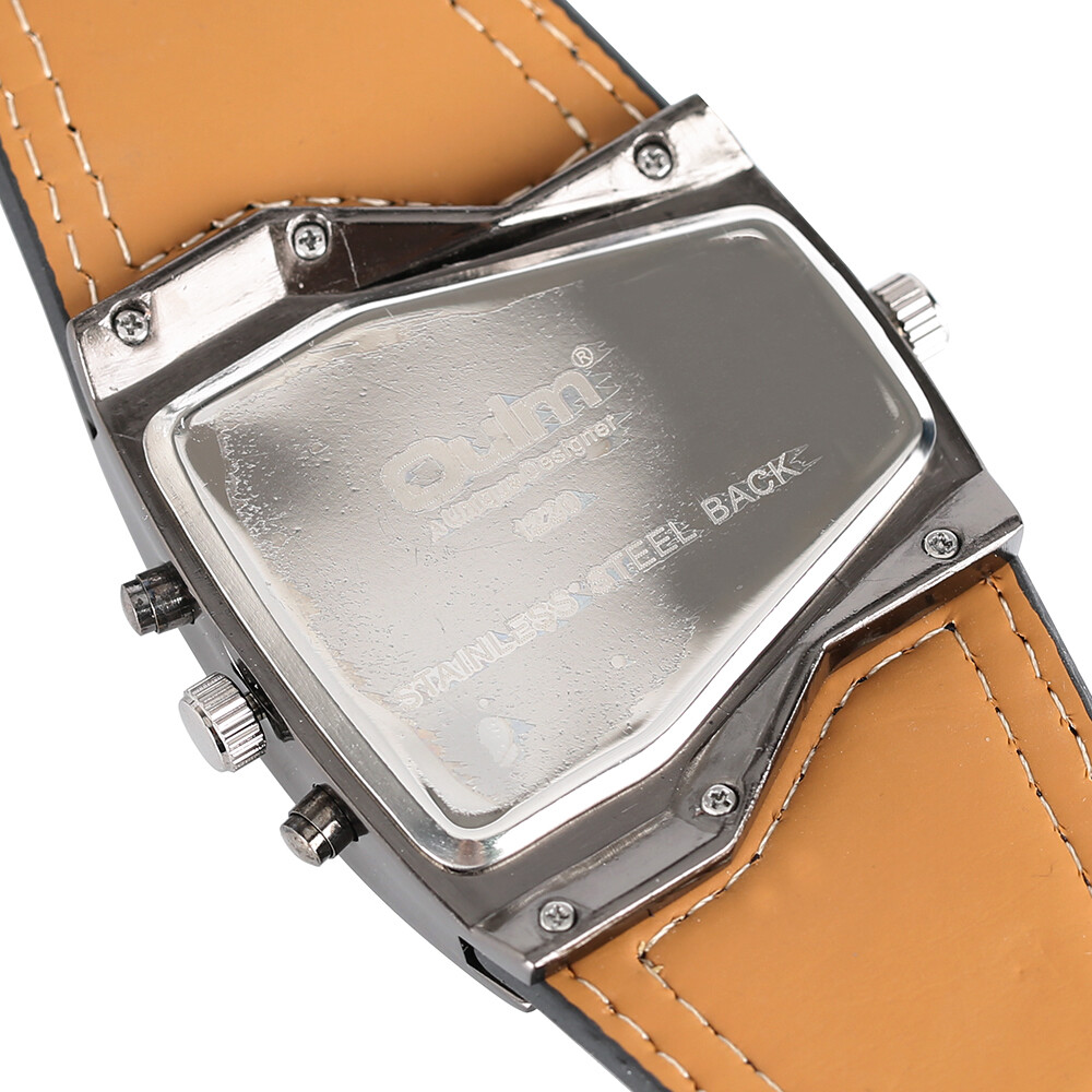 OULM Steampunk Style Two Time Zone Mens Watches PU Leather Quartz Wristwatch